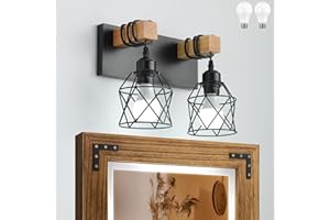 VIVIHOBB Farmhouse Vanity Light Fixture,2-Light Bathroom Lighting,Black Industrial Wood Wall Light Over Mirror with Metal Shade,LED Bulbs Included