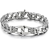 Azubpi Men's Stainless Steel Cuban Chain Bracelet Vintage Carved Pattern Punk Retro Jewelry Silver Cool Gifts for Mens