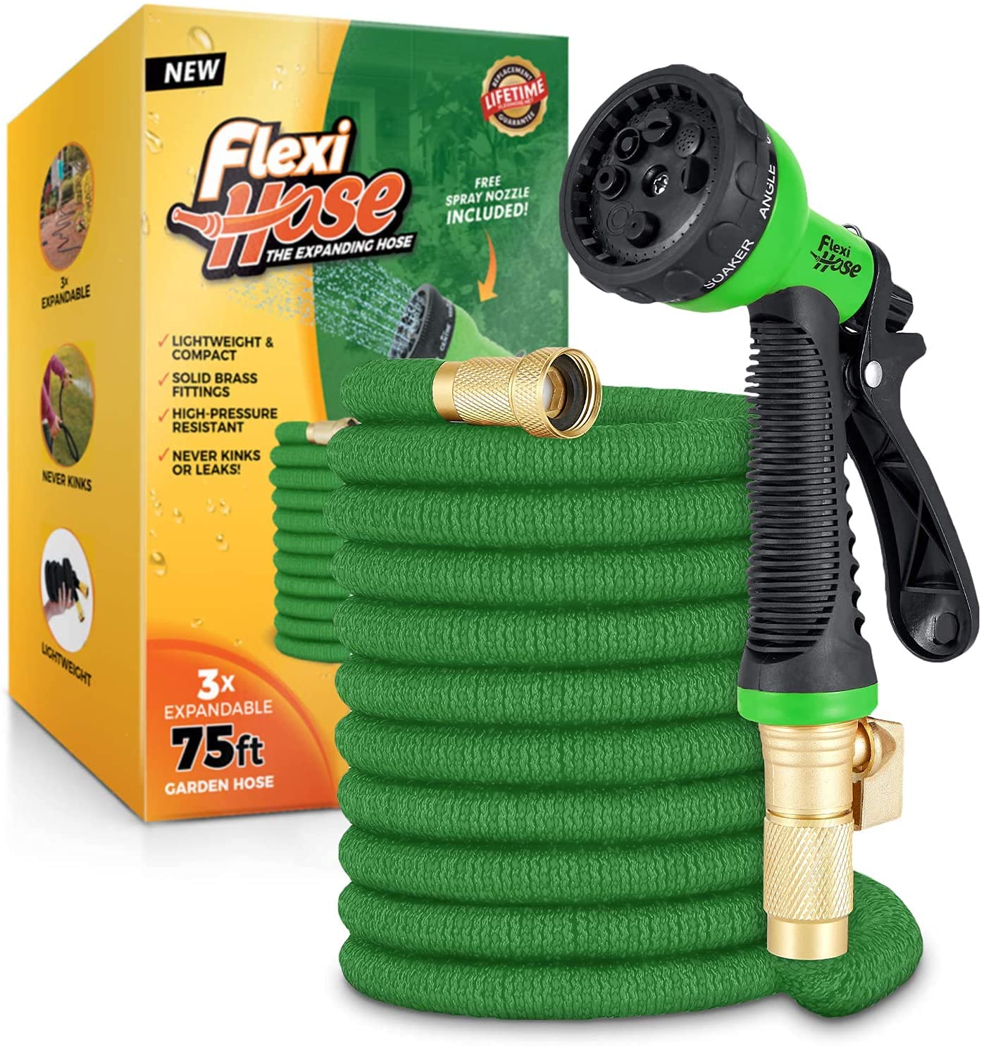 Flexi Hose Upgraded Expandable Garden Hose Pipe Including 8 Function Spray Gun Nozzle - Extra Strength with 2 cm Solid Brass Fittings - No-Kink Flexible Garden Hoses (Green 23 Metres)