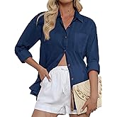 CUNLIN Women's Button Down Shirts Long Sleeve Cotton Summer Beach Wear for Women with Pocket