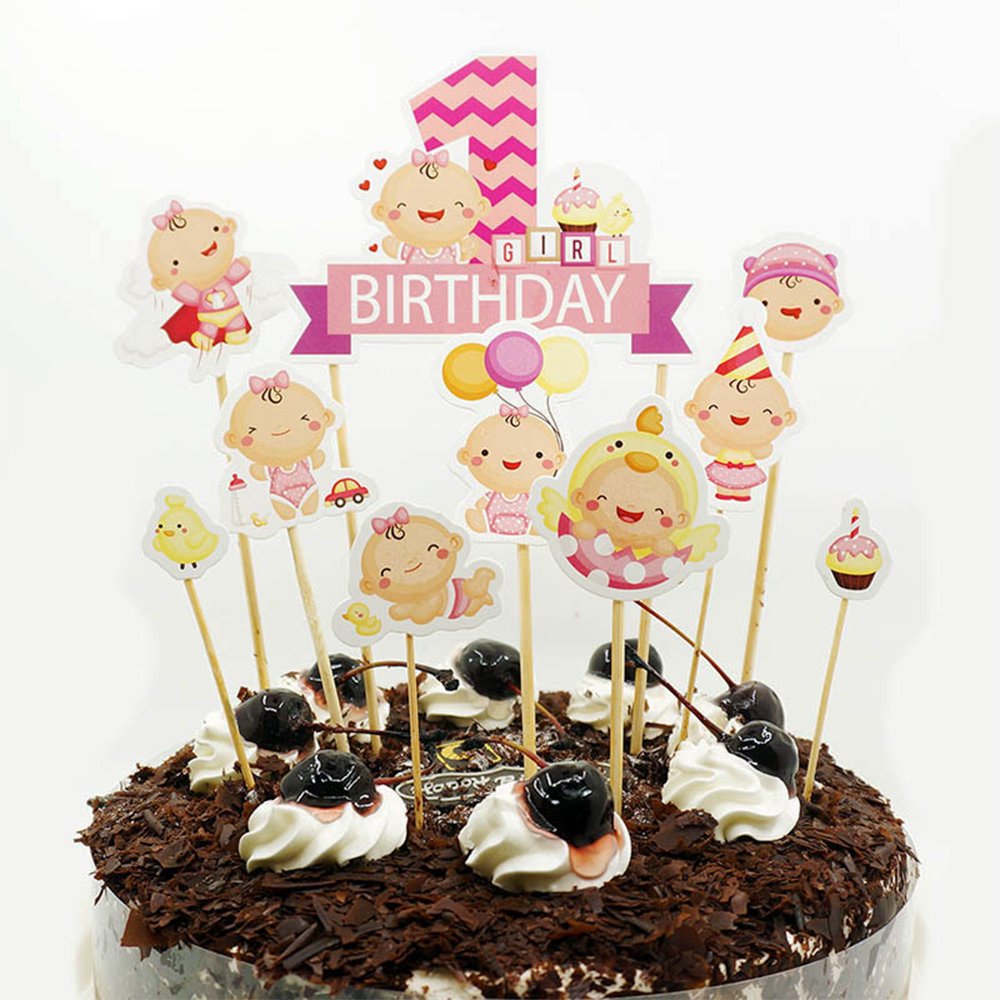 MZCH Little Girl CupCake Topper Cake Toppers for Baby Shower 1st Birthday Girl, Pink, 33 Pack