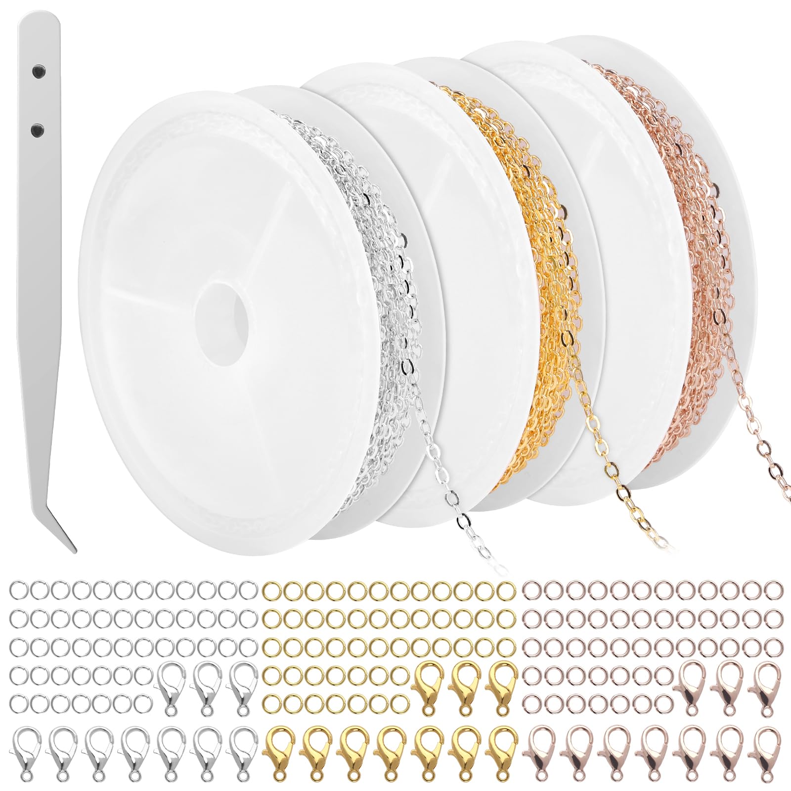 JIANGZHIB 3 Rolls 300 cm Link Chain, 3 Colours Chains, Rose Gold, Gold and Silver, Jewellery Making Accessories with 150 Jump Rings and 30 Lobster Clasps for Necklaces, Bracelets