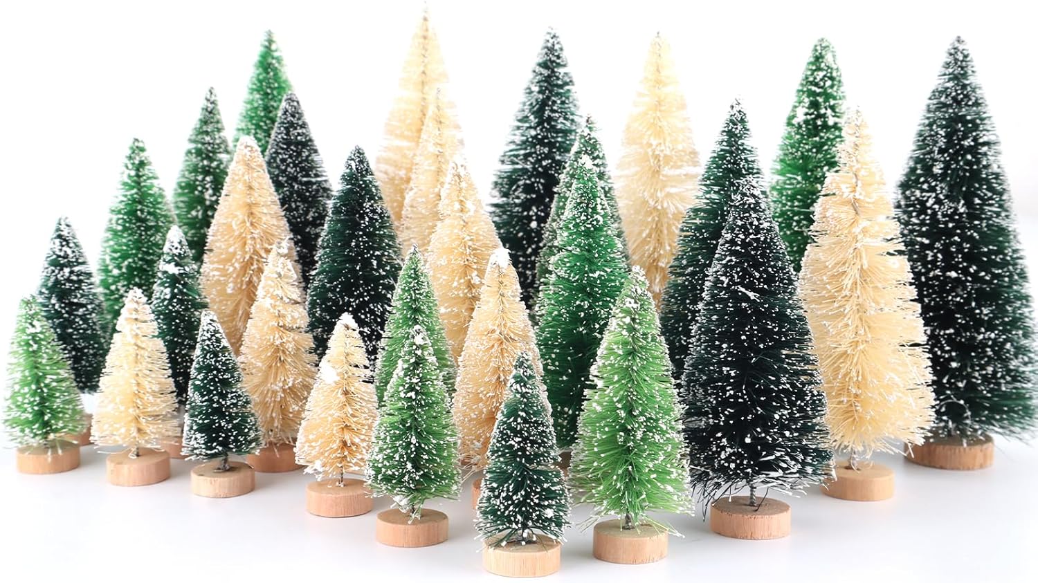 Trees - 30Pcs Mini Christmas Trees - Artificial Christmas Tree Bottle Brush Trees with 5 Sizes, Snow Trees with Wooden Base for Christmas Party Home Table Craft Decor (GrassGreen+Green+White)