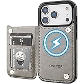 ONETOP Compatible with Magsafe for iPhone 17 Pro Wallet Case with Card Holder, PU Leather Kickstand RFID Blocking Case, Double Magnetic Clasp and Durable Shockproof Cover 6.3 Inch (Grey)