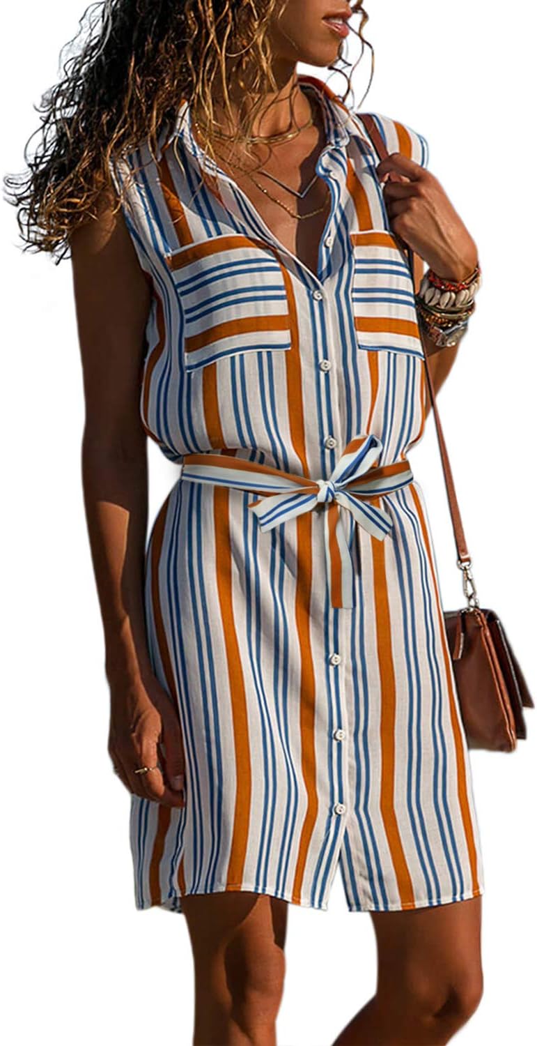 CILKOO Womens Casual Sleeveless V Neck Button Down Pocket Loose Shirt Midi Dress with Belt