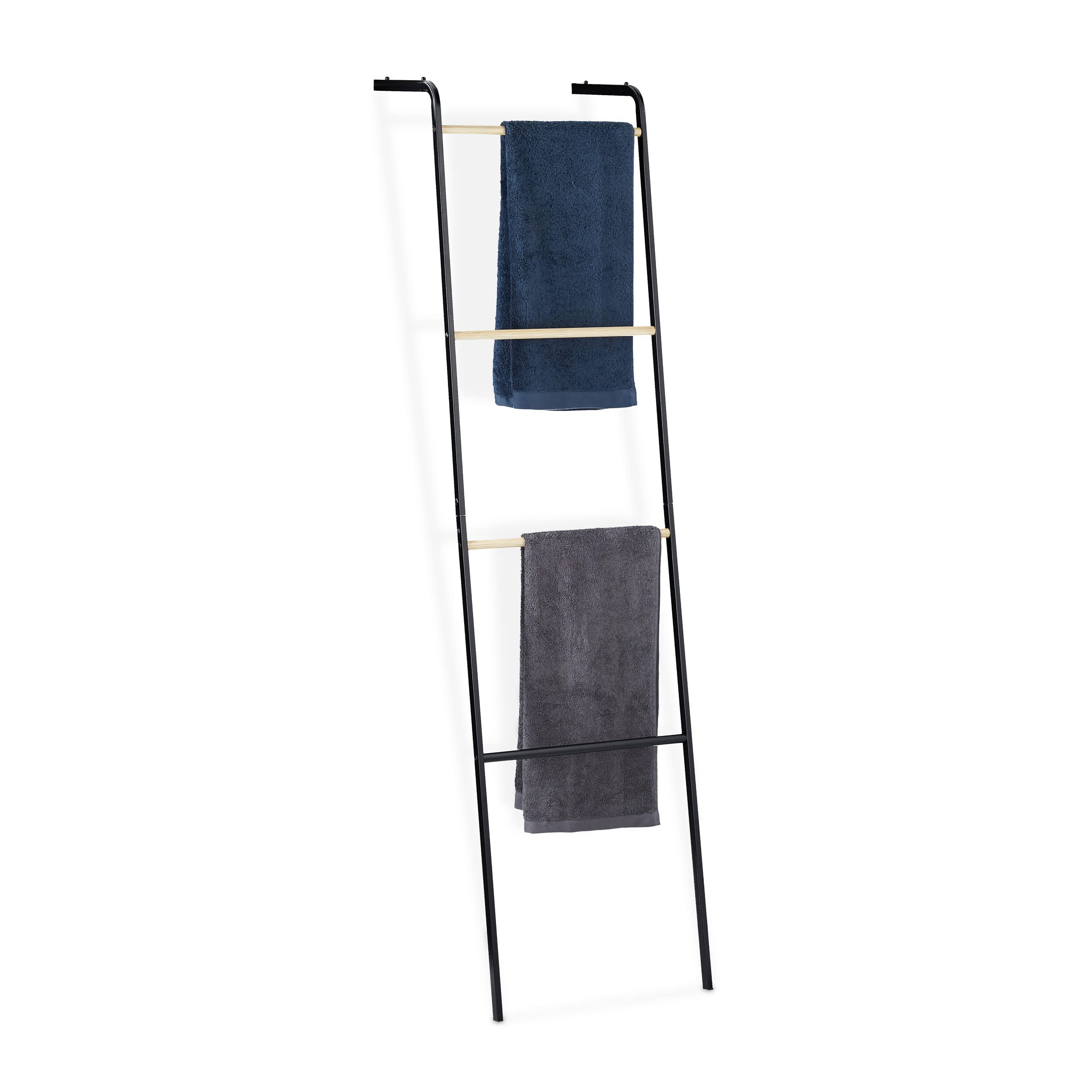 Relaxdays Metal Towel Ladder Rack, 4 Rungs for Washcloths & Clothes, Compact, HxWxD 160x40x26 cm, Black