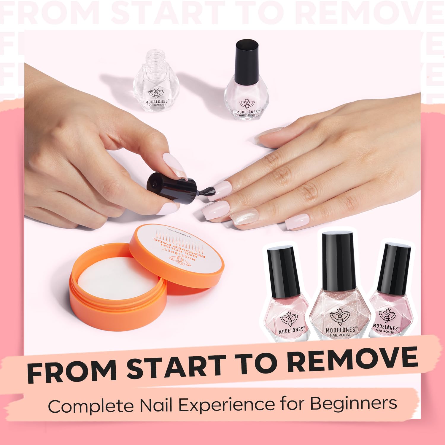 modelones Nail Polish Set - 3 Colors Natural Nude Kit with Base & Top Coat, Remover Pad & Glitter Nail Polish for Salon & Home - Image 5