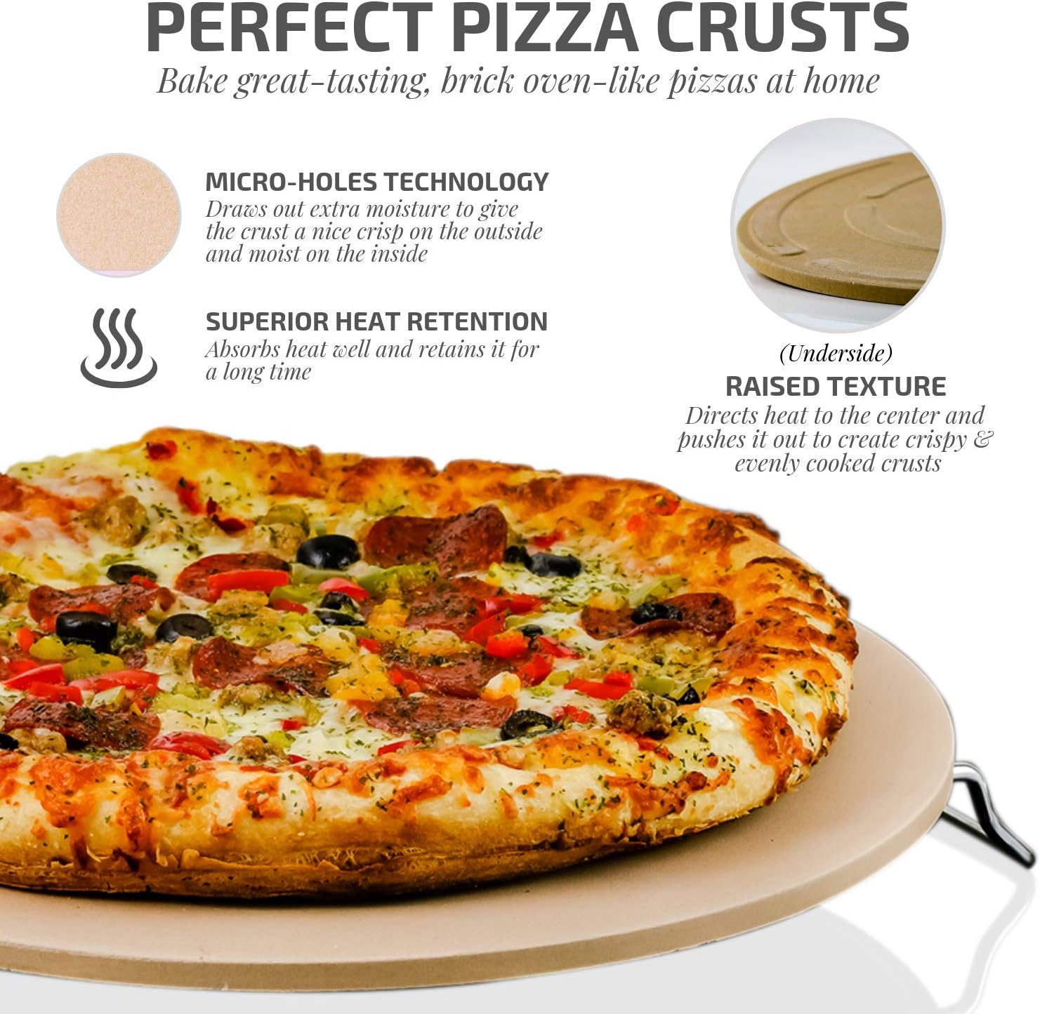 Ovente Ceramic Flat 13 Inch Pizza Stone Set with Crust Cutter Wheel & Metal Rack/Handle, Compact Easy Storage Portable Baking Grilling Stone Thermal Shock Resistance for Oven Grill BBQ, Beige: Kitchen & Dining