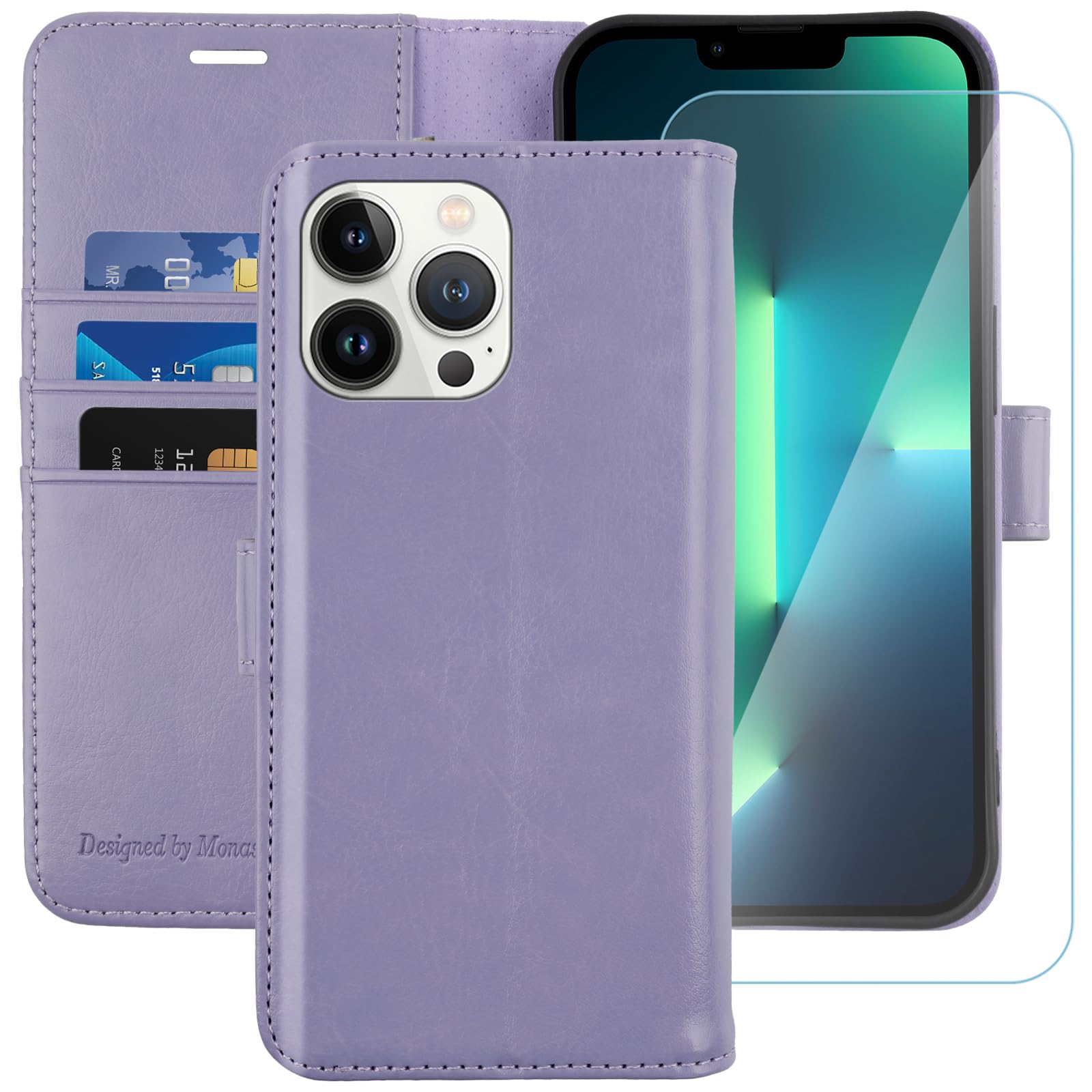 MONASAY Wallet Case for iPhone 13 Pro 5G,6.1-inch[Glass Screen Protector Included] [RFID Blocking] Flip Folio Leather Cell Phone Cover with Credit Card Holder,Lavenders