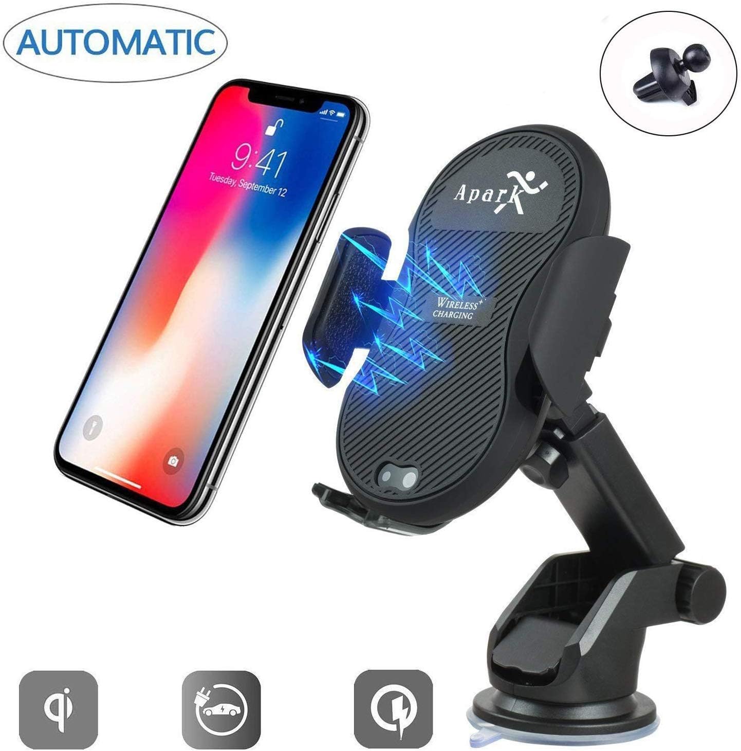 Apark Wireless Car Charger Mount, Qi Fast Car Charger Air Vent Mount Phone Holder with Intelligent Sensor 360°Rotating for Samsung s9/s8/s8 Plus/S7/S6 Edge+, i-Phone XR/XS/XSMax/8/8 Plus/X - Black