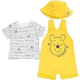 Disney Winnie the Pooh Baby Short Overalls, T-Shirt & Hat 3 Piece Outfit Set Newborn to Infant Sizes (0-24 Months)
