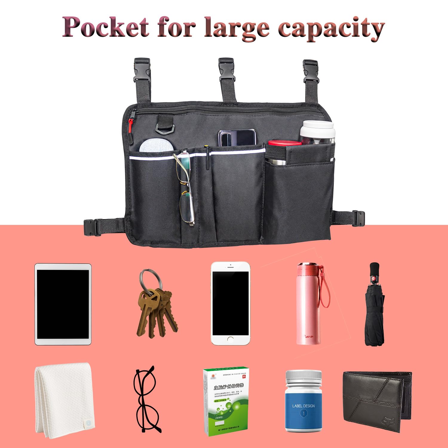 Large Walker Bag with Water Cup Holder,Walker Basket,Walker Accessories,Walker Bags For Folding Walker,Walker Bags For Seniors,Bag For Walker,Foldable Walker Storage Bag,Side Walker Bag