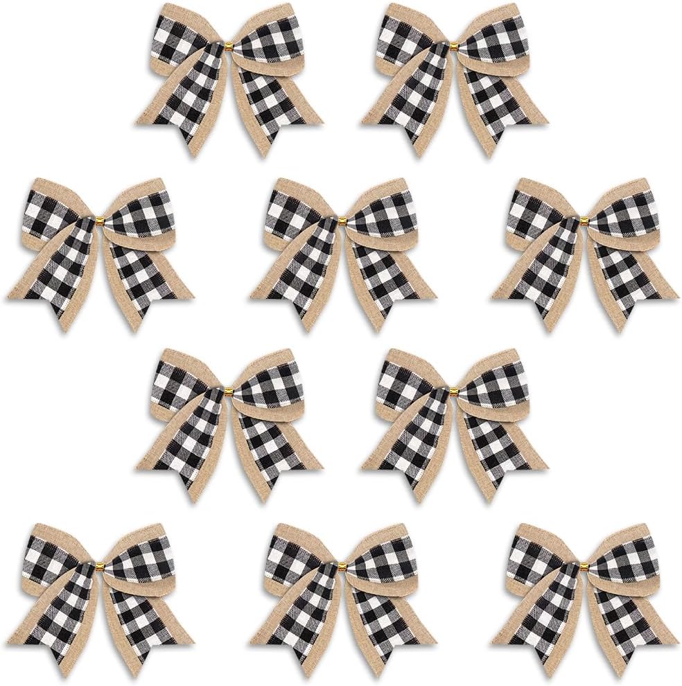 Bows & Ribbons - ALIBBON 10 Pcs Christmas Bows for Wreath, Christmas Wreath Bows, Black White Buffalo Plaid Snowflake Bows, Wreath Ornaments Christmas Decor, Decorative Small Burlap Bows for Christmas Party Supplies