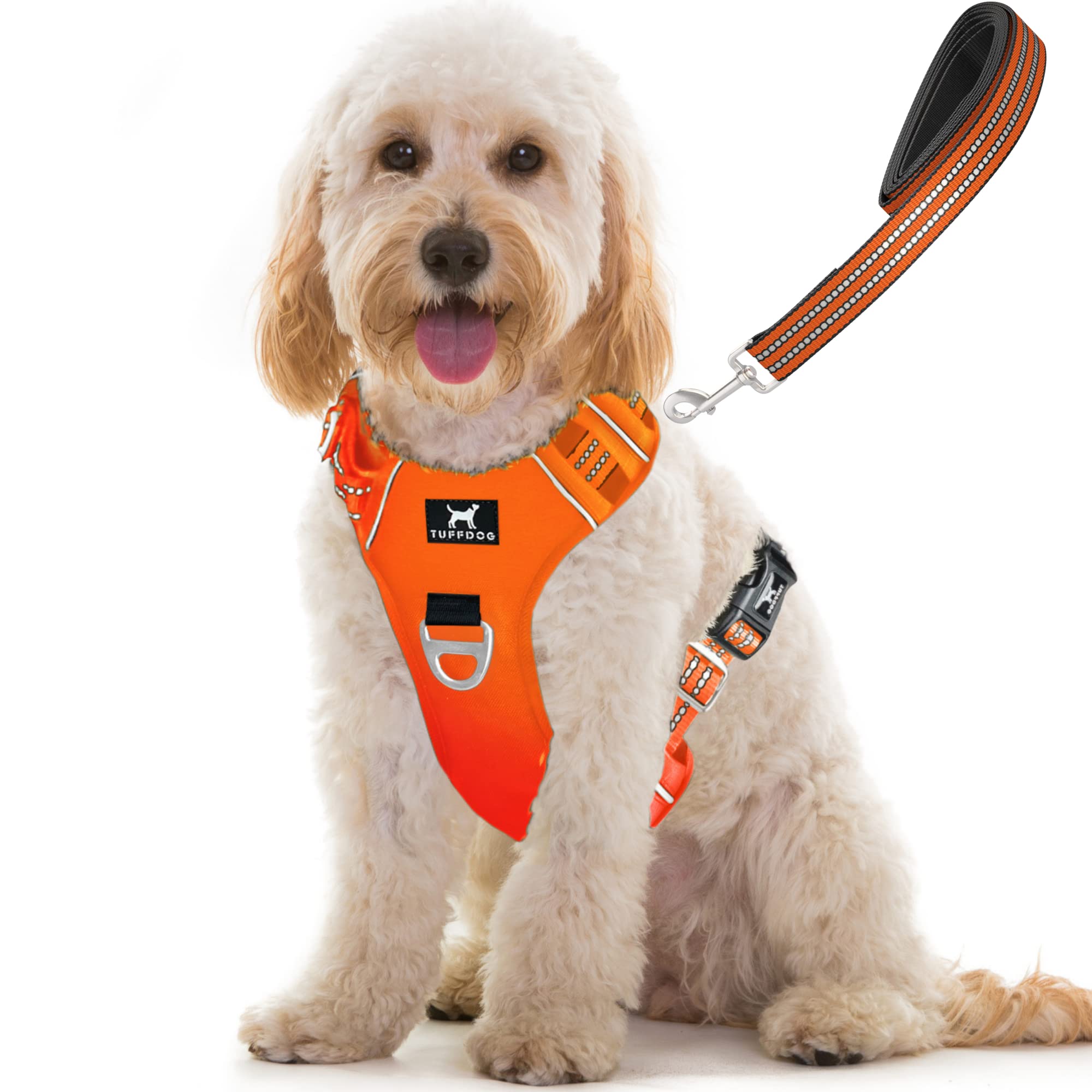 TUFFDOG Easy-Fit Dog Harness Medium - Fast Release Neck Clip, Premium Padded Reflective No Pull Harness with Control Handle, Adjustable Step-in Dog Vest Plus Free Matching Lead (M, Blaze Orange)