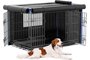 THADAVO 42 Inch Dog Kennel with Breathable Net Cover, Pet Crate for Medium Dogs, Cat, Metal Foldable Cages for Indoor, Outdoor, 600D Waterproof & Windproof Covers, Removable Tray, Handle