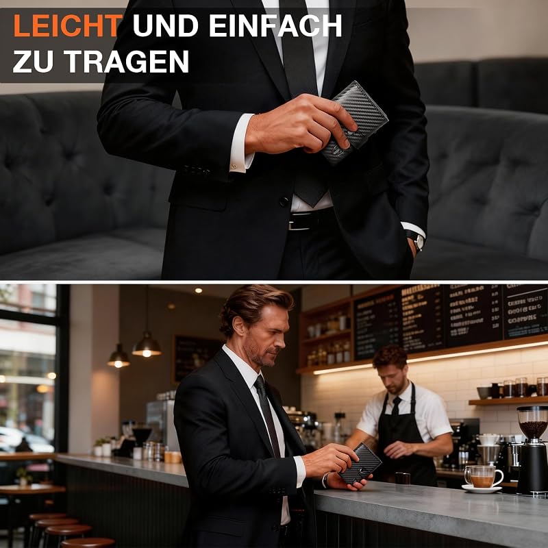 Geldbörse Herren - Portmonee Herren mit Münzfach & RFID Schutz, Hochwertige Slim Wallet, Kartenetui Klein 8-10 Karten, Premium Geldbeutel, Geschenke zum Vatertag (Schwarz & Orange)
