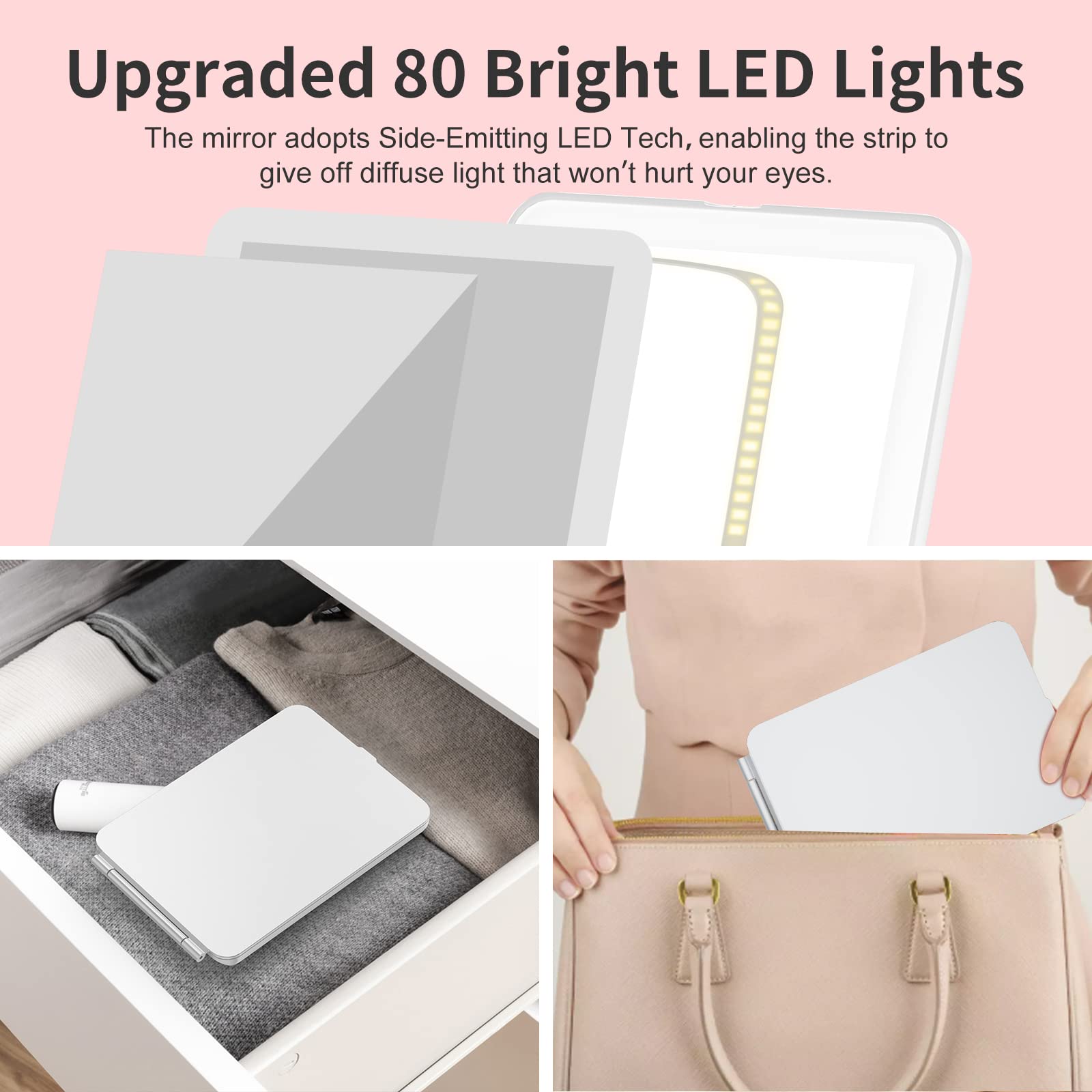 Makeup Vanity Mirror with 80 LED Lights, Rechargeable 2500mAh Batteries, Travel LED Compact Light Up Mirror with 3 Color Lights, Travel Essentials for Women