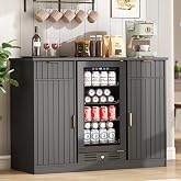 Lamtor Coffee Bar Cabinet with Fridge Space and Power Outlet, Black &amp; Gold | Mini Fridge Cabinet, 2 Fluted Drawers &amp; Doors, Adjustable Shelves, For Living Room, Kitchen, Office