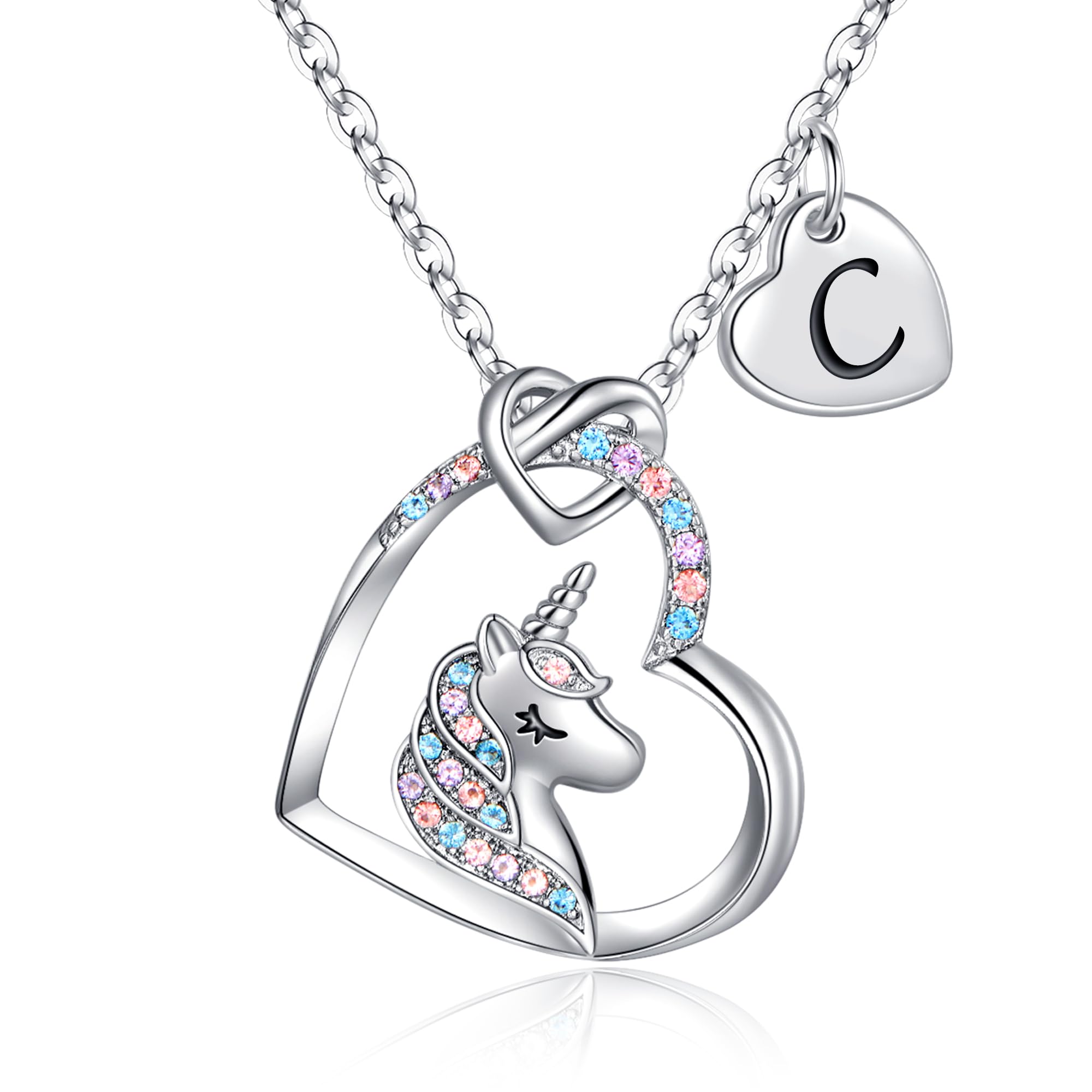 Hidepoo Unicorn Necklace - CZ Heart Pendant Initial Necklaces Unicorns Jewelry Birthday Gifts C Letter Heart Unicorn Necklace Gift Image