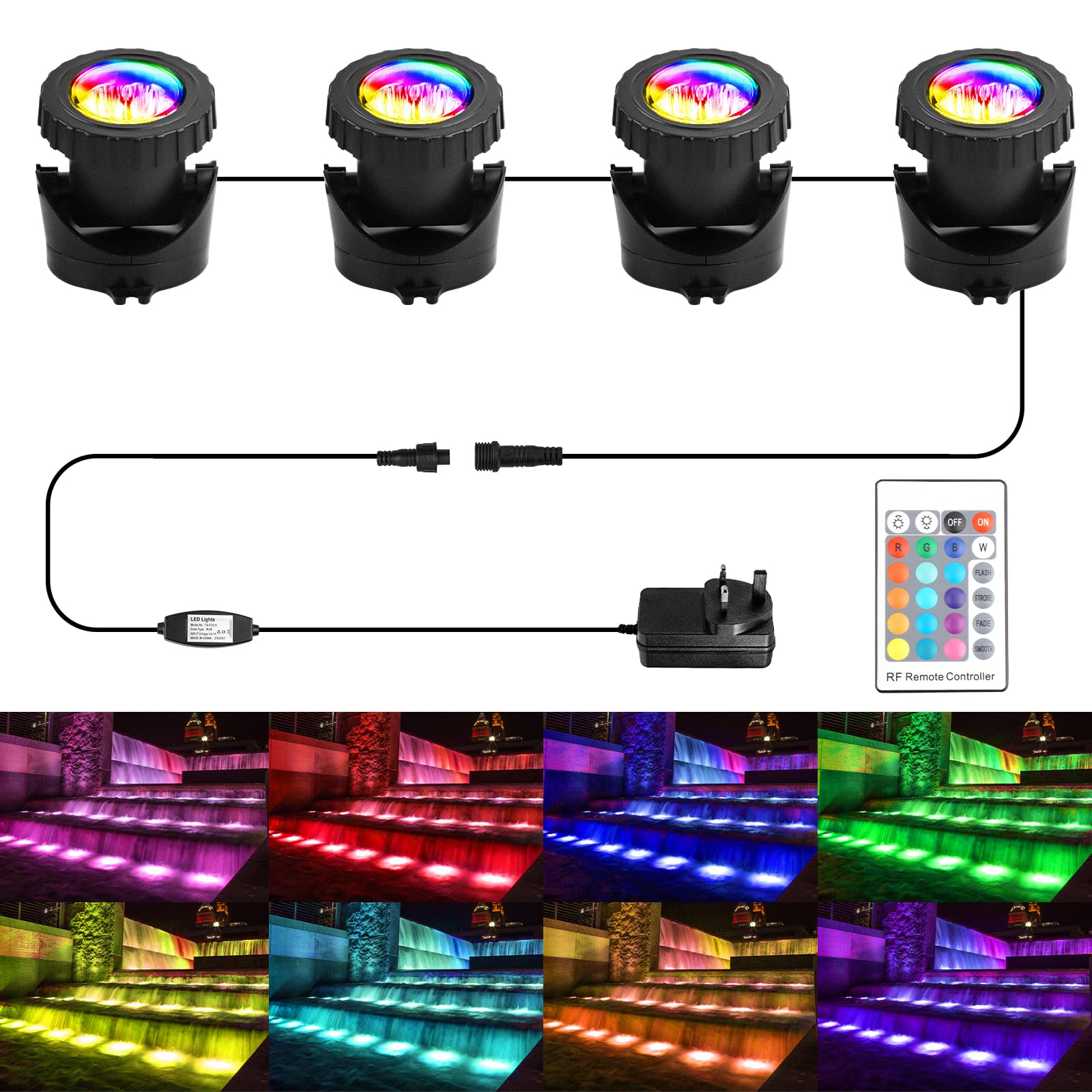 CORESLUX Pond Lights Mains Powered, 4-in-1 Underwater RGB Aquarium Lights with Remote Control, IP68 Multicoloured, Submersible, for Aquarium, Garden, Yard, Pool, Fountain.