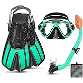 CTSAYTL Snorkeling Gear for Kids Ages 3-14, 4 in 1 Mask Fins Snorkel Set with Panoramic View Anti Fog Mask, Dry Top Snorkel, Trek Fins and Travel Bag, Kids Snorkel Set for Snorkeling Swimming