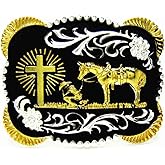 MASOP 3D Rectangle Western Cowboy Horse Prayer Gold Cross Belt Buckle Metal Men