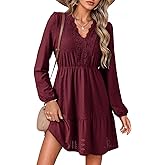 Dokotoo Spring Dresses for Women 2026 Elegant Lace Hollow Out Embroidered V Neck Long Sleeve Casual A-Line Swing Mini Dress