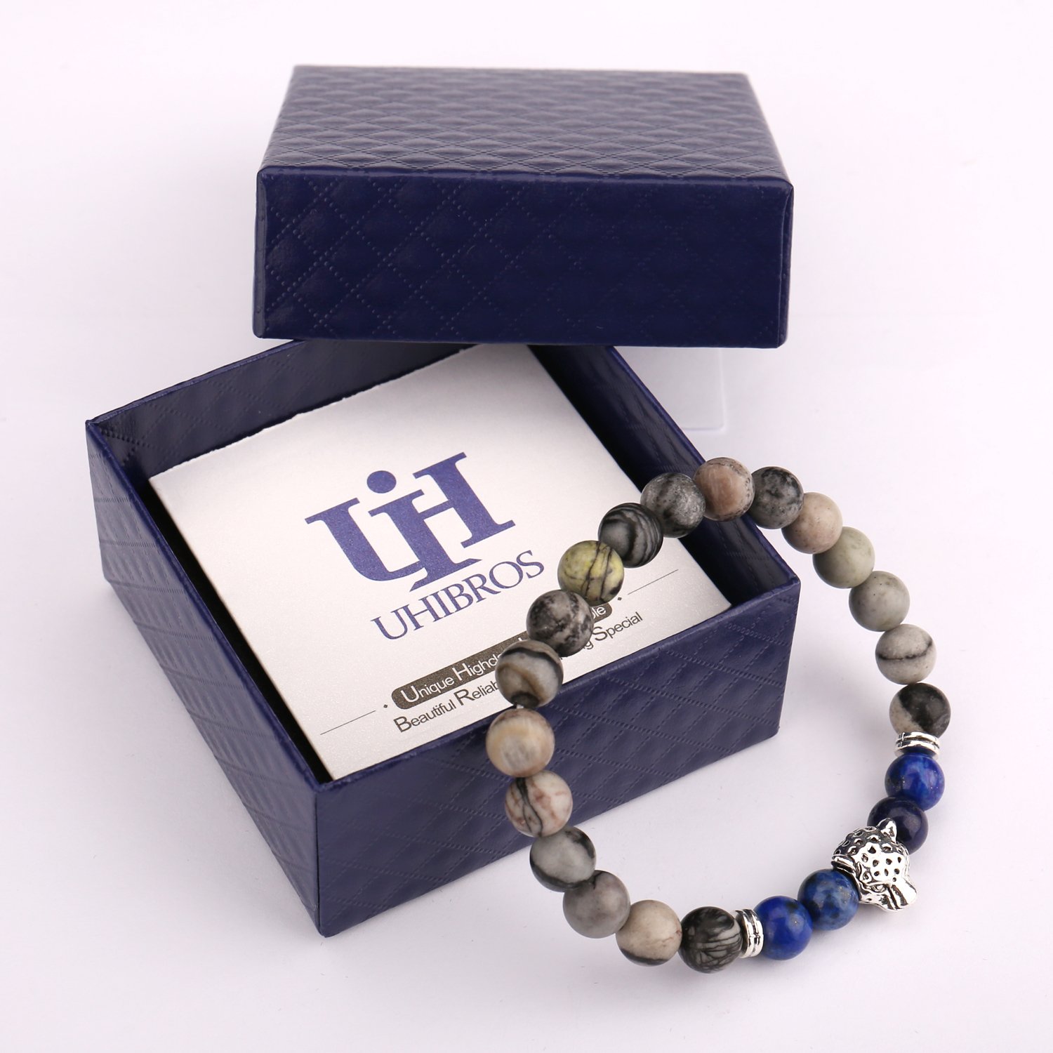 Bead Bracelets,UHIBROS Unisex Natural Tiger Eyes, Black Matte, Weathering Agate Beads Stretch Bracelets With Leopard Head Gold,Silver