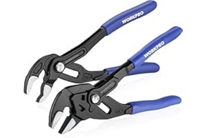 WORKPRO 2-Piece 7-Inch Pliers Wrench & Groove Joint Pliers Set, Quick Adjustment, CR-V Steel, Smooth Jaw & V-Jaw, Upgraded Wide Opening, Soft Grip - for Plumbing, Pipe Fittings, Household Repairs