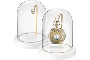 Btohrt 2 Pcs Pocket Watch Glass Display with Hooks Dome Cloche with White Wood Base Decorative Glass Display Dome Showcase for Watch Plants Medals Photos Collectibles Dark MDF Base(3.9" X 4.5",Gold Hook)