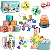 Weilim Baby Toys for 6 to 12 Months, Montessori Sensory Bins & Teething Toys, 6 in 1 Stacking Blocks, Rings, Eggs, Spinner, Crab Shape, 27 Pieces, Ages 6-36 Months