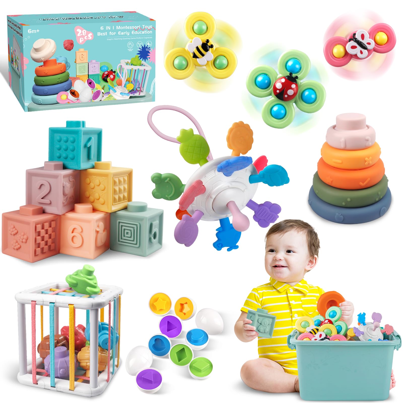 Weilim Montessori Baby Toys, 6 in 1 Sensory Toys for Babies Stacking Blocks & Rings, Suction Cup Spinner, Matching Eggs, Teething Toy, 27 Pcs Sensory Bin & Storage