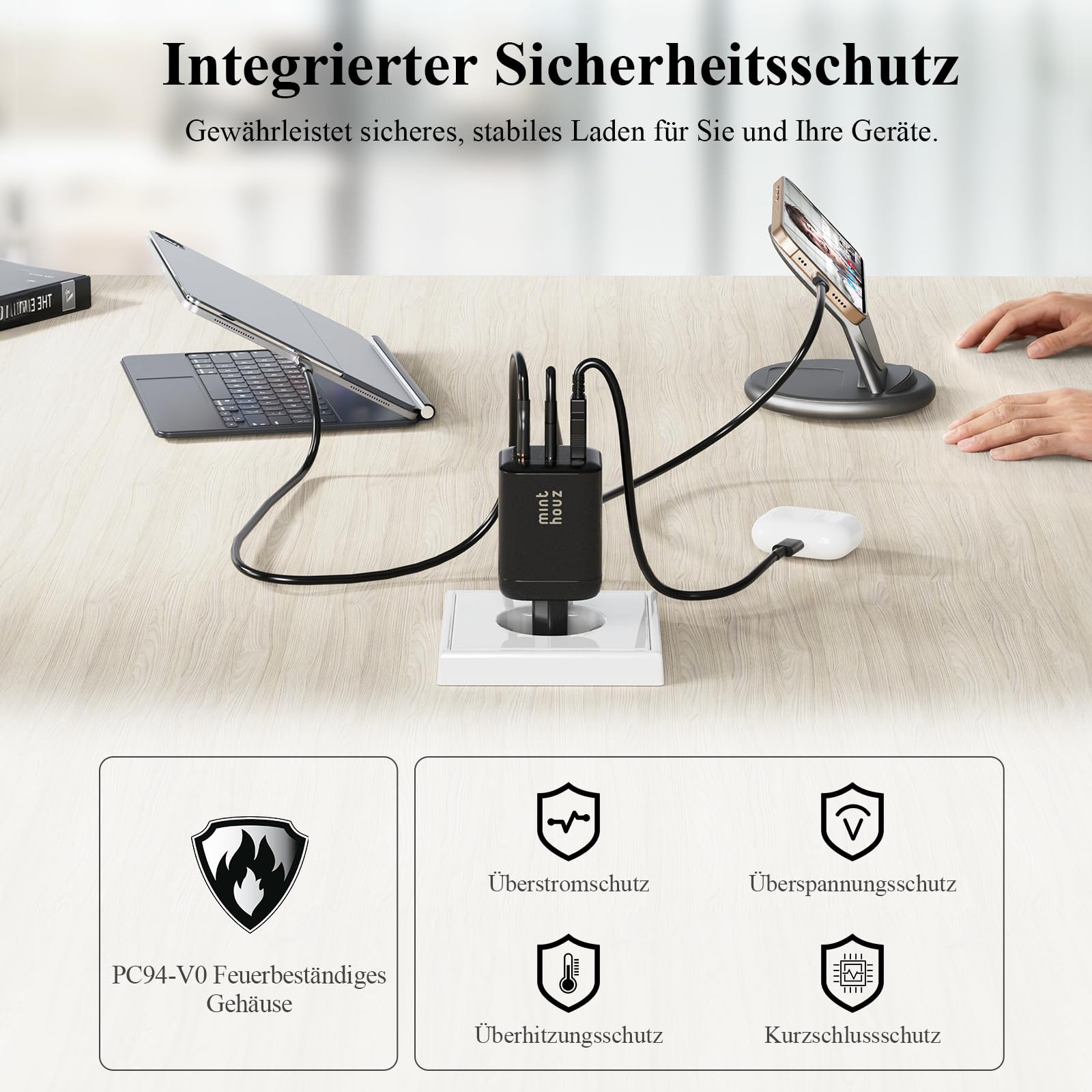 Minthouz USB-C-Ladegerät mit Charging Cable, PD 67W, 3-Port-GaN-Mehrfachnetzteil, Fast Charger kompatibel mit iPhone 17/17 Air/17 Pro/17 Pro Max/17 SE, 16/15/14/Serie, Galaxy, iPad 5