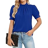 Funlingo Womens Dressy Casual Tops 2026 Short Puff Sleeve Blouses Mock Neck Pleated Shirt for Business Work