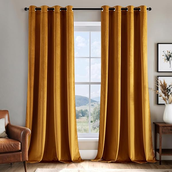 EMEMA VELVET BLACKOUT CURTAINS 96 INCHES LONG, SUPER SOFT LUXURY THERMAL INSULATED CURTAINS FOR BEDROOM, GROMMET SOUNDPROOF ELEGANT WINDOW DRAPES FOR LIVING ROOM W52 X L96 2 PANELS MUSTARD YELLOW