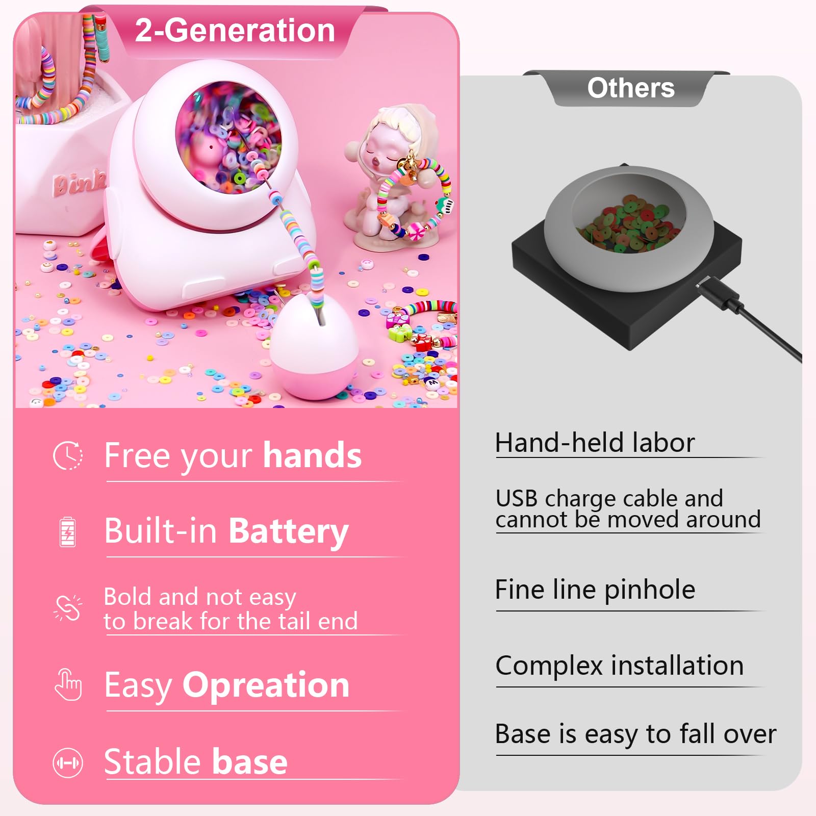 Pskfvre Cordless Electric Bead Spinner for Jewelry Making,2-in-1 Clay & Seed Bead Spinner,Bracelet & Necklace Maker Machine with Bead Needles and Thread,USB Charging,Pink (Beads Included)