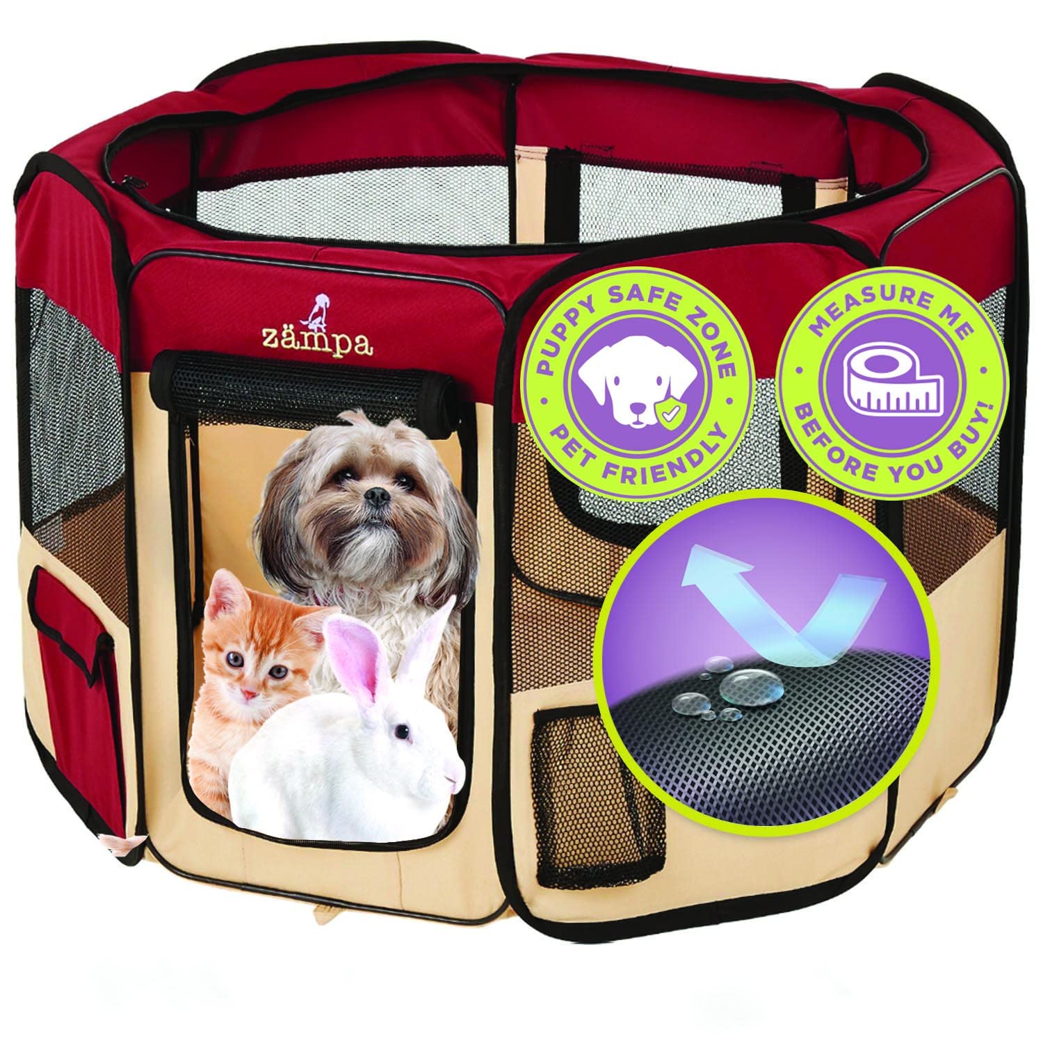 Zampa Puppy Pop Up Portable Playpen for Dog and Cat, Foldable | Indoor/Outdoor Kitten Pen & Travel Pet Carrier + Carrying Case (Red, Small (36"x36"x24"))
