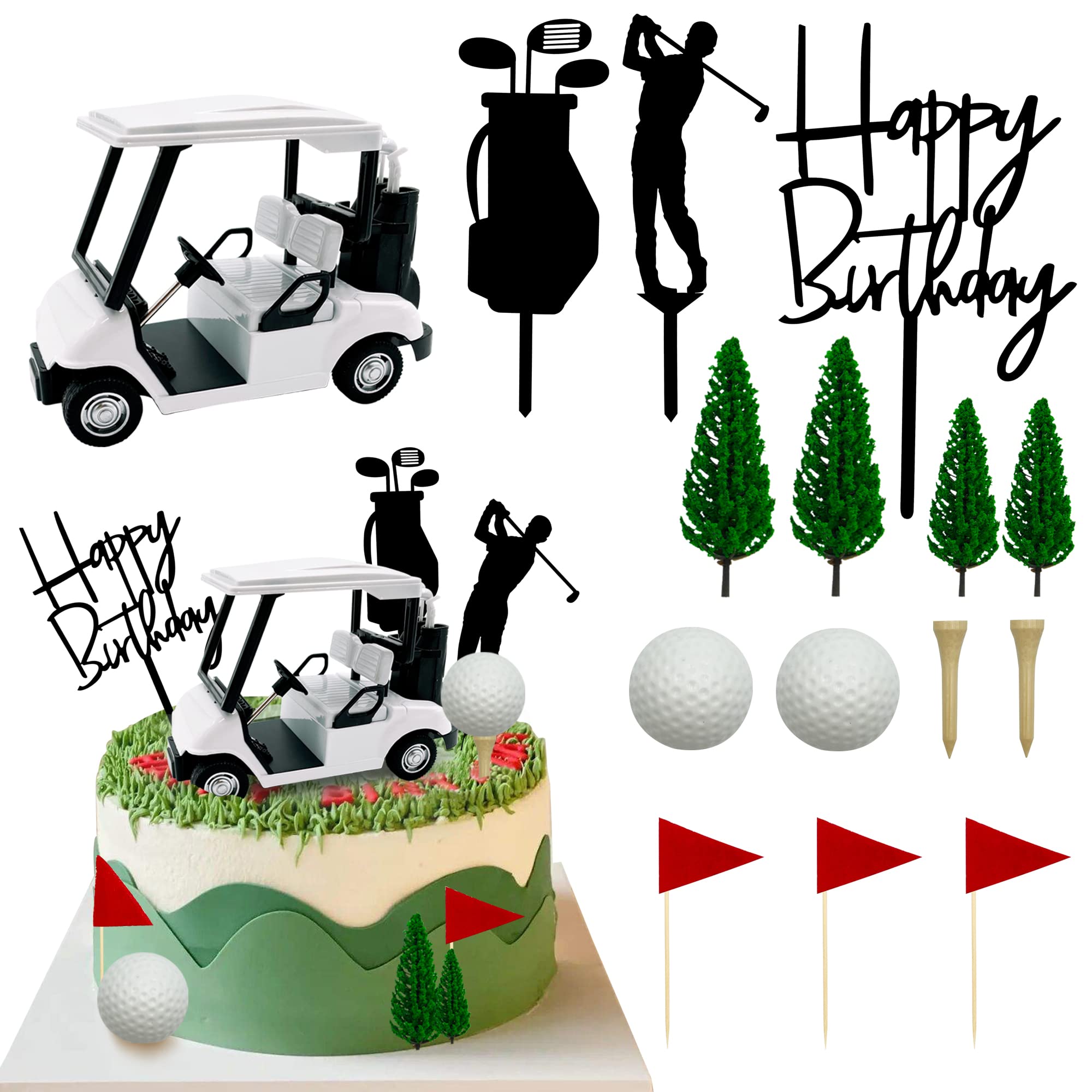 Photo 1 of Golf Cake Decorations Golf Cart Cake Toppers Heading for The Green Cake Topper for Golfers with Cart Flag Golf Ball for Golf Theme Party Supplies (White)