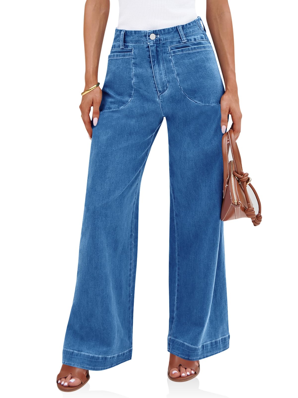 Photo 1 of SZ UNKNOWN Cicy Bell Womens Wide Leg Jeans High Waisted Stretchy Baggy Loose Denim Casual Pants with Pockets