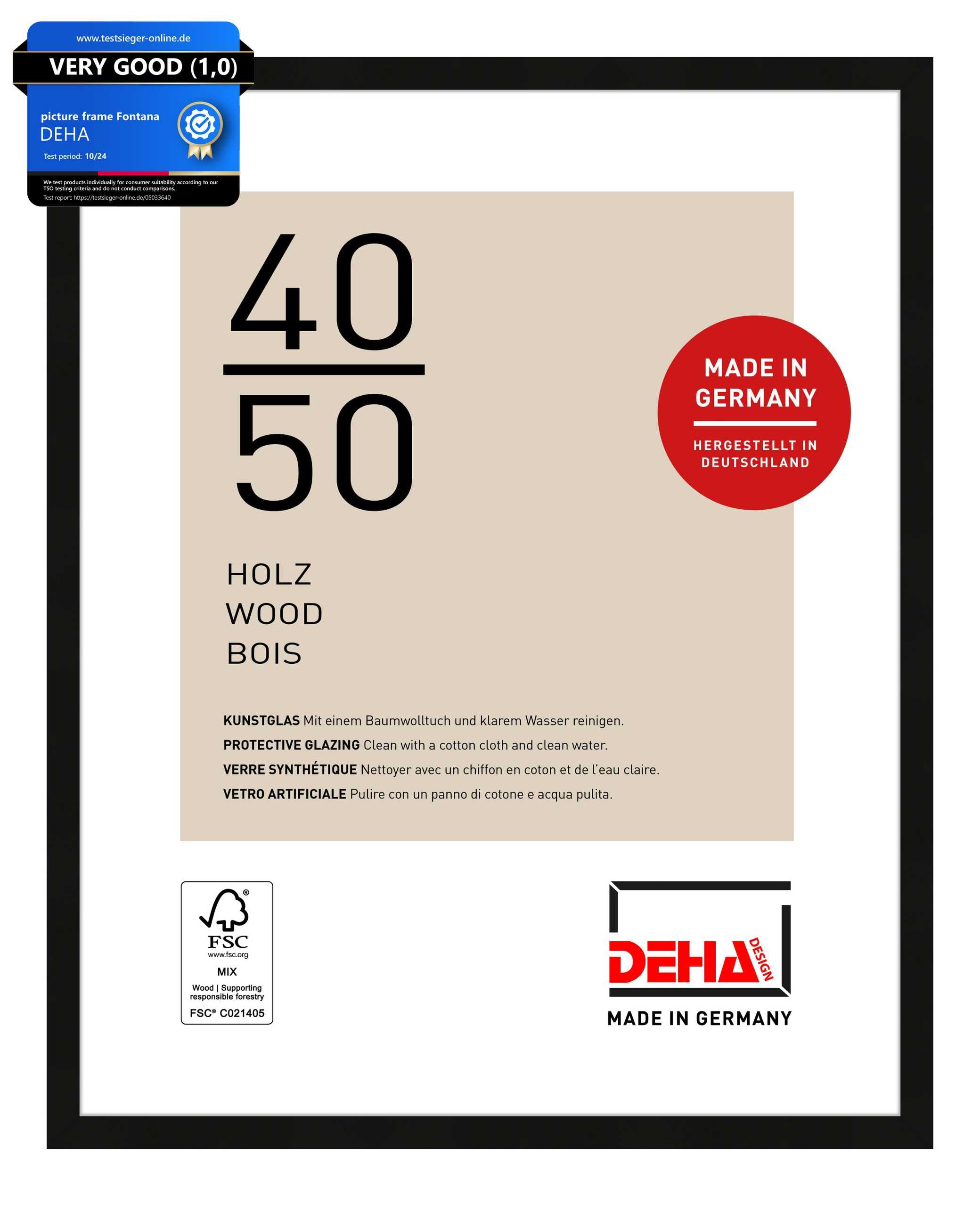 DEHA Design Fontana Wooden Picture Frame - 40x50 cm – Black - with Synthetic Glass and Push/Turn Clips