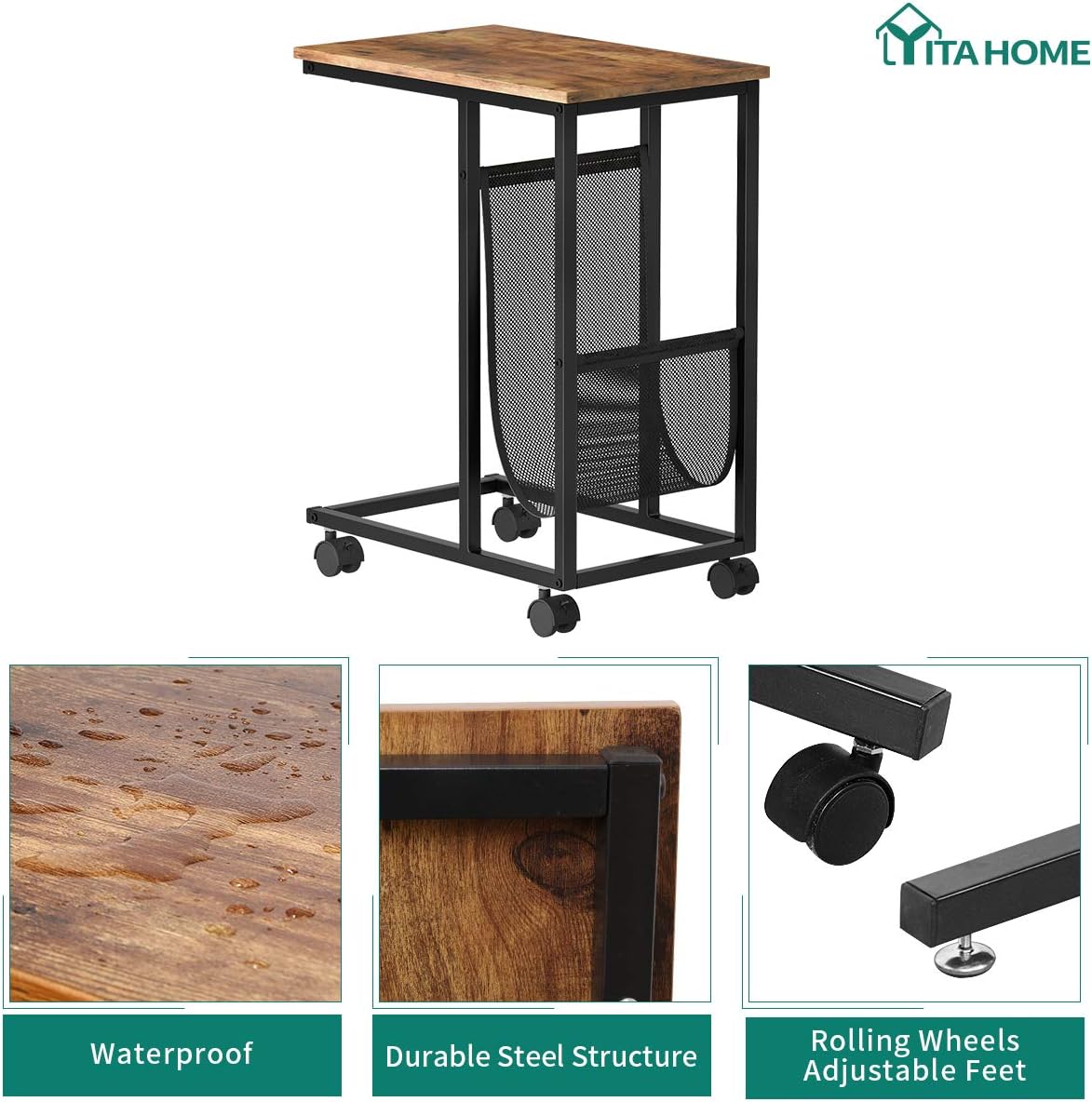 YITAHOME Sofa Side Table,Nightstands, End Table with Wheels and Side Pocket,Easy Assembly (Rustic Brown) …: Kitchen & Dining