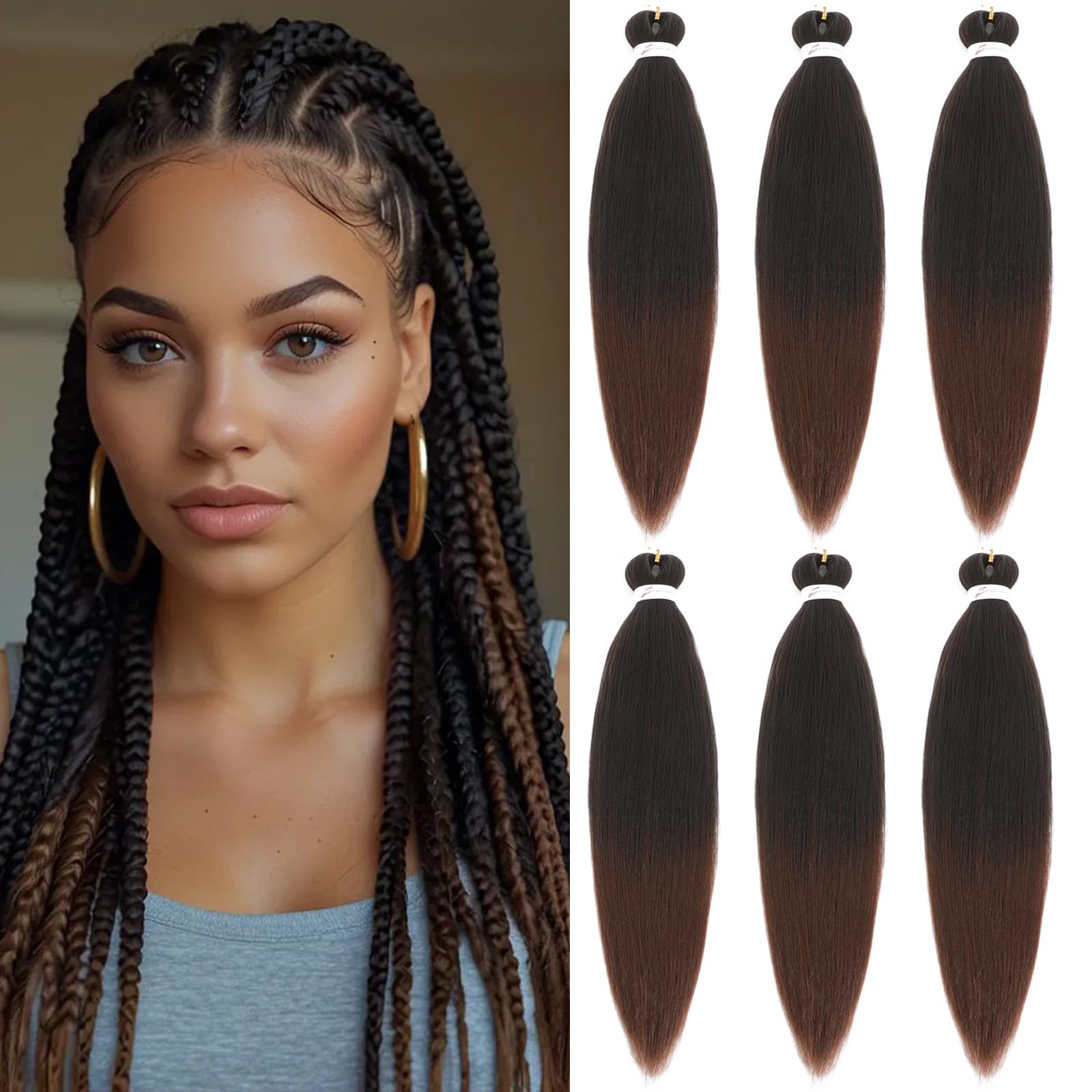 6 Packs Braiding Hair Extensions 26 Inch Pre Stretched Braiding Hair for Box Braids Ombre Brown Soft Yaki Kanekalon Hot Water Setting Synthetic Fiber EZ Braids(T30#) — image 1