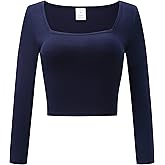 OThread & Co. Women's Long Sleeve Square Neck Crop Top Basic Comfy Stretch Tee