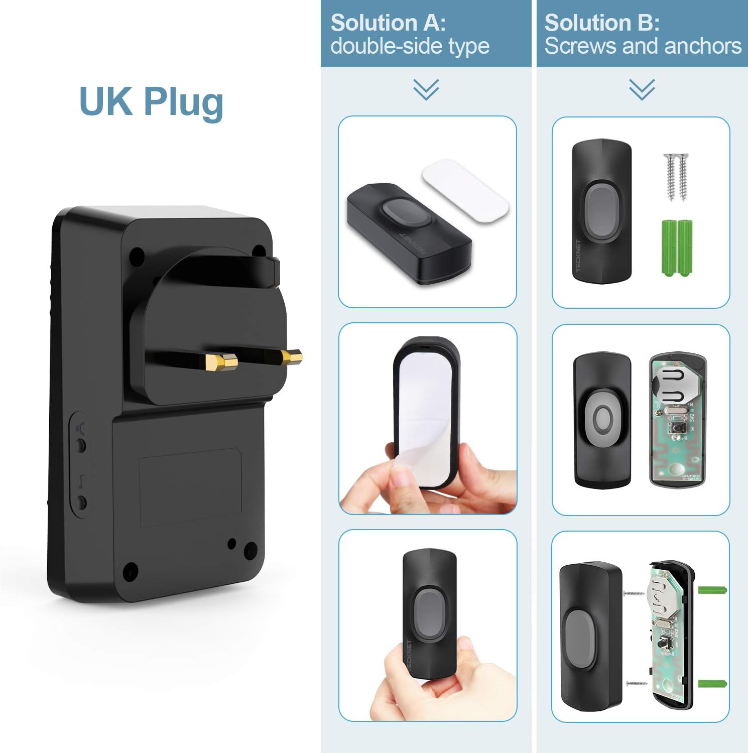 Quality Assurance Tecknet Wireless Doorbell Twin Waterproof Wall Plug In Cordless Door Chime Kit With 150m Range 32 Chimes 4 Level Volume No Batteries Required Best For Plug In Door Entry Bell Diy Tools High Quality