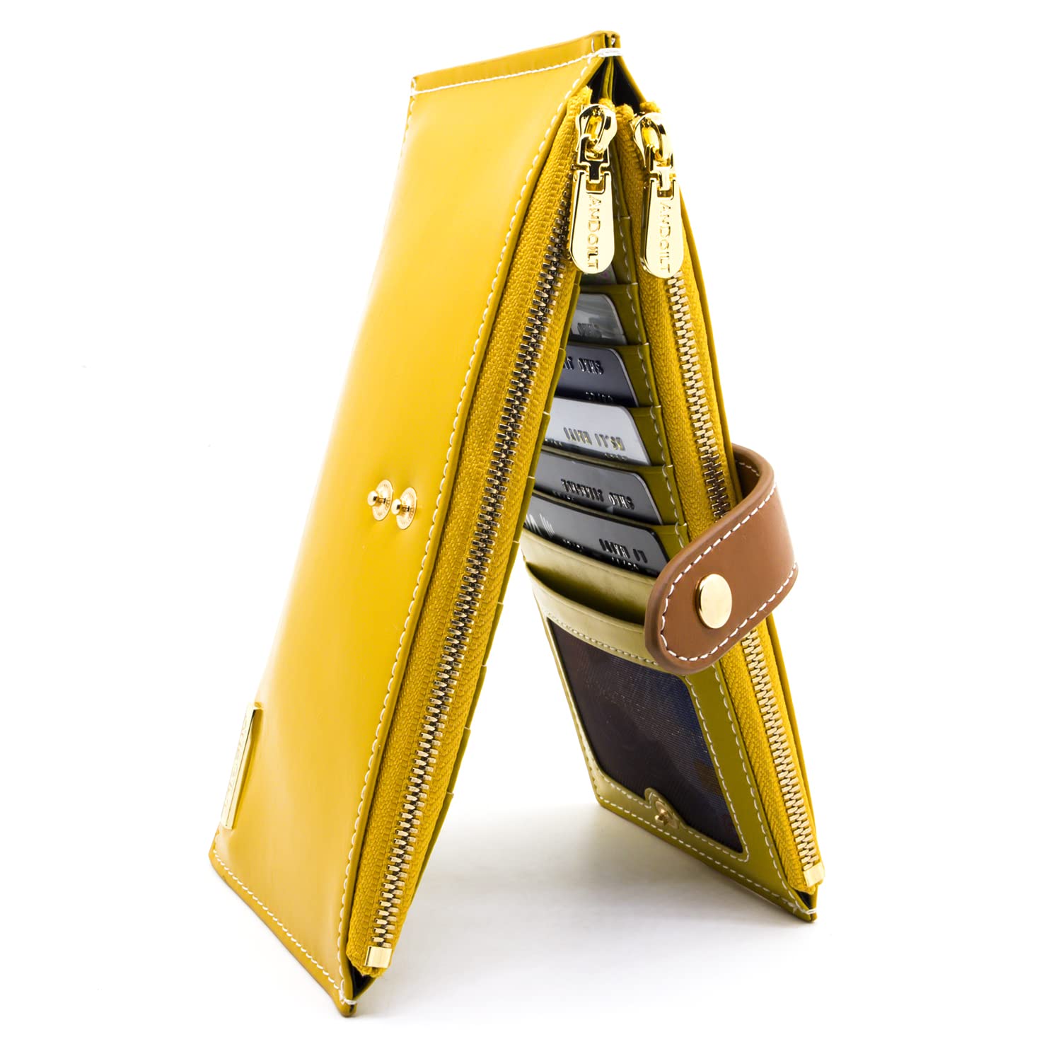 ANDOILT Women's Genuine Leather Wallet RFID Blocking Credit Card Holder Zipper Purse Cell Phone Handbag Yellow — image 1