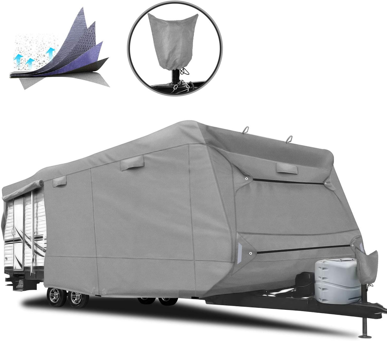 RVMasking Heavy Duty 5 Layers Top Travel Trailer RV Cover, Fits 22'1" - 24' RVs - Breathable Waterproof Anti-UV Ripstop Camper Cover with 15 PCS Windproof Buckles & Tongue Jack Cover