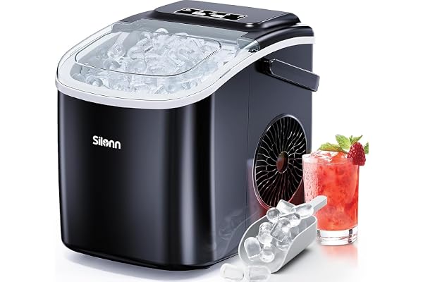 Silonn Ice Maker Countertop, 9 Cubes Ready in 6 Mins 26lbs in 24Hrs, Self-Cleaning Ice Machine with Ice Scoop and Basket, 2 Sizes of Bullet Ice for Home Kitchen Office Bar Party, Black