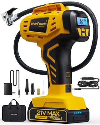 KeenPower Tire Inflator Portable Air Compressor - Super Fast - 21V Rechargeable Battery Powered Handheld 160PSI Tire Inflator, Dual Power Supply Modes, Portable Air Pump for Car Motorcycle E-Bike