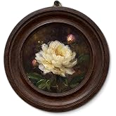 Framed Vintage White Peony Round Wall Art, Farmhouse Botanical Flower Wall Decor