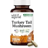 Wild &amp; Organic Turkey Tail Capsules 1000 mg - Immune Support - 90 Count | Turkey Tail Mushroom Extract - Coriolus Versicolor Mycelium Powder - Vegan, No Fillers